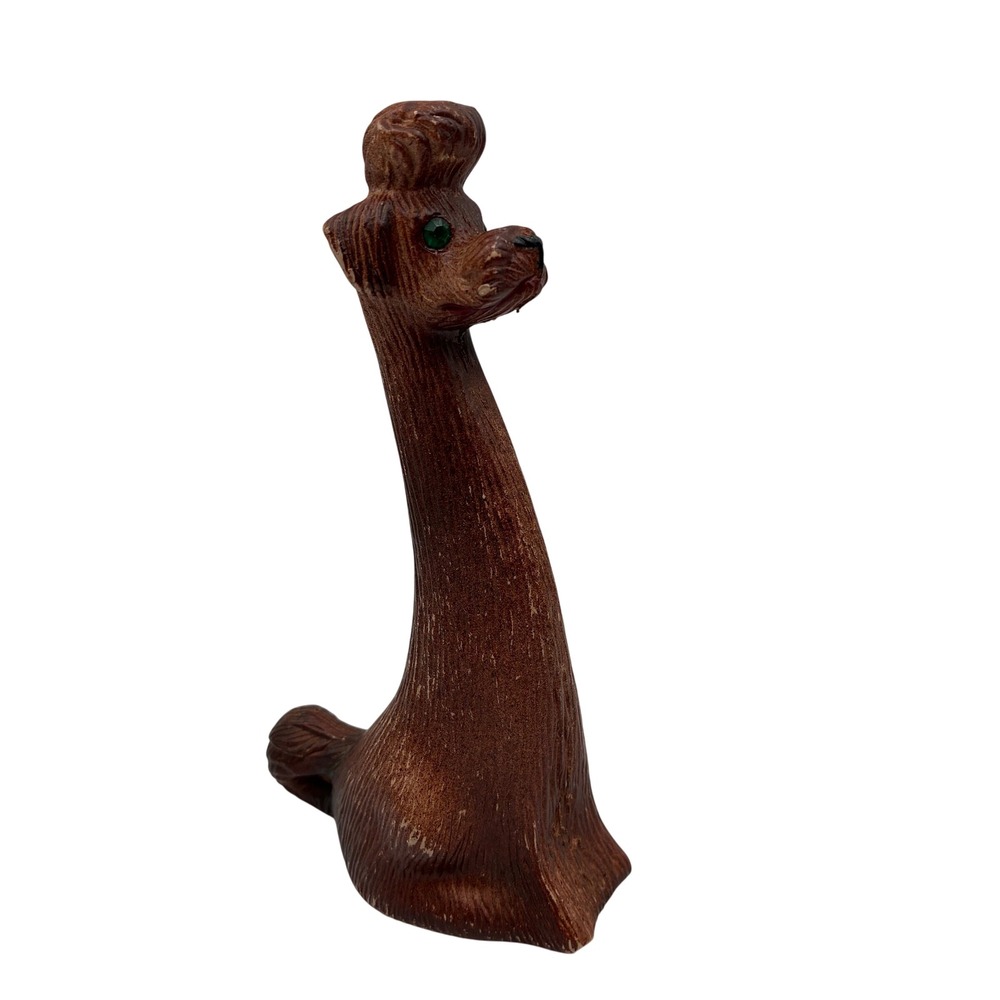 Vintage Mid Century Long Neck Poodle Figurine Brown Green Rhinestone Eyes 6 inch